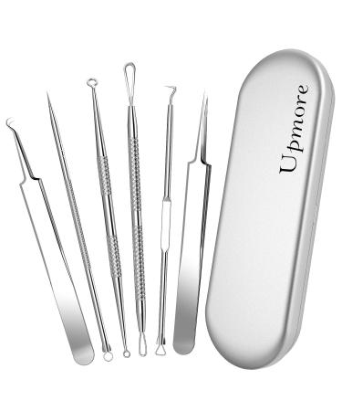 Pimple Popper Tool Kit, Upmore 6PCS Blackhead Remover Professional Stainless Acne Blemish Comedone Extractor Removal Tools with Metal Case and Tweezers for Whitehead Acne on Nose Face 6 Piece Set
