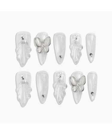 Sun&Beam Nails Handmade Press-on Medium Long Amlond White Silver Mermaid Rhinestone Butterfly Design False Nail Tips 10 Pcs (#020 S) S #020