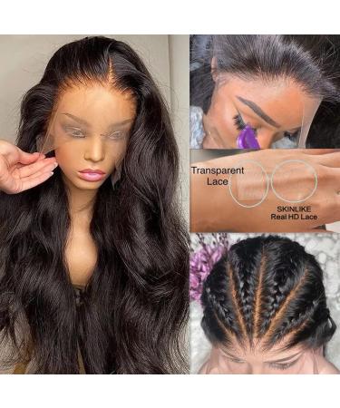 Invisible Real HD Lace Swiss 13X6 Lace Front Wig Virgin Human Hair Wigs Natural Black Color Body Wave Style with Pre Plucked Hailine with Baby Hair and Bleached Knots for Black Women by Aorbige ( 13X6 Swiss Lace 180% Den...
