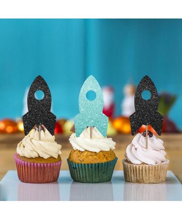 24PCS Rocket Ship Cupcake Toppers Baby Shower Party Decor for Boys Astronaut Dessert Picks Outer Space Themed Birthday Party Decoration - Sky Blue & Black Glitter - Buy Online on GoSupps.com