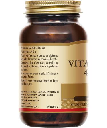 Solgar Vitamin D3 400 IU - Natural defenses - Immunity - Bone health - Immune System - Food supplement - Bottle of 100 capsules - Buy Online on GoSupps.com