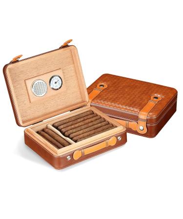 LYGA Portable Cigar Box Holds 30 Pcs Premium Cigar Humidor Organizer Real Leather Vintage Flap Cedar Wood Cigar Case Storage.