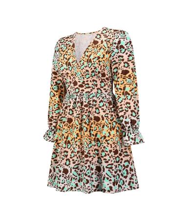 Ladies V-Neck Leopard Print A-Line Dress with Balloon Sleeves - XL Yellow - Buy Online on GoSupps.com