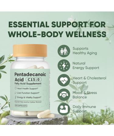 Pentadecanoic Acid C15:0 Fatty Acid Supplement - 3X Omega 3 Fish Oil Healthy Aging Supplement for Gut Health Liver Support 90 Vegan Capsules (1) - Buy Online on GoSupps.com