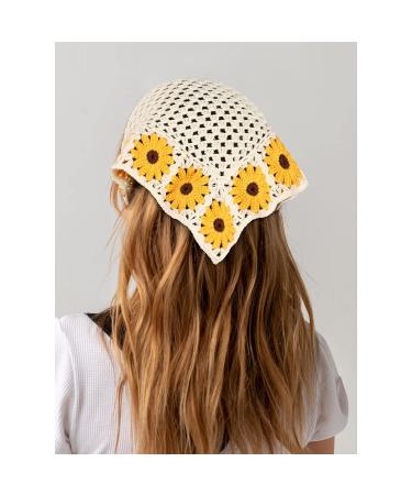 Floral Crochet Hair Bandanas 2PCS Women Hairbands | Daisy Print Knitted Headscarf Vintage Hair Scarf - Buy Online on GoSupps.com