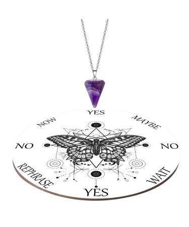 Butterfly Pendulum Board dowsing Necklace Divination Altar Witchcraft Wooden kit Chart Wiccan Wand Crystal Game Divinity Metaphysical Message Quartz Chakra Healing Stone (White)