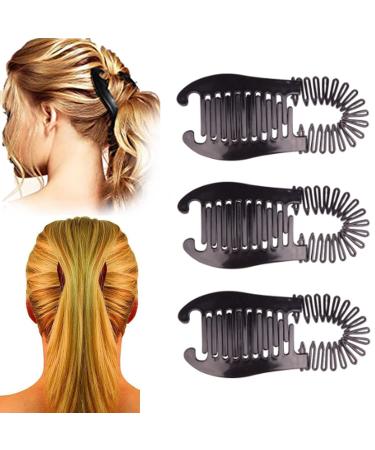 3Pcs Banana Hair Clips for Women  Banana Clips Hair for Thick Hair  Interlocking Banana Comb Stretch  Hair Combs for Women Accessories  Soft Bendable Natural Wavy Curly Hair Ponytail Style (Black 3)