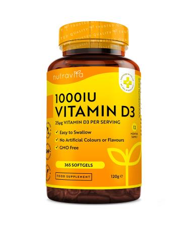 Vitamin D 1000 IU - 365 Soft Capsules - For 1 Year - Maintaining a Healthy Immune System Muscles Bones and Teeth - Vitamin D3 1000iu Cholecalciferol - Nutravita