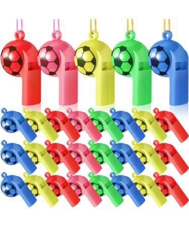 24 Pcs Plastic Whistles with Lanyard Soccer Pattern Training Sports Whistle Kids Whistle for Referee School Camping Soccer Party Favors, 5 Colors