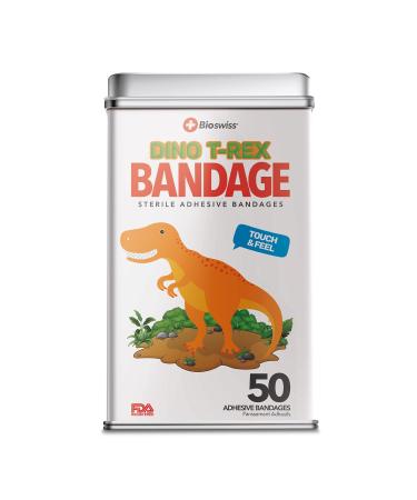 BioSwiss Kids Bandages | 50pcs Sterile Unique Shaped Bandages Colorful Funny Cute Toddler Girls & Boys, Adults First Aid, Protect Scrapes and Cuts | Wellness for Everyone | Reusable Tin (Dino) Dinos
