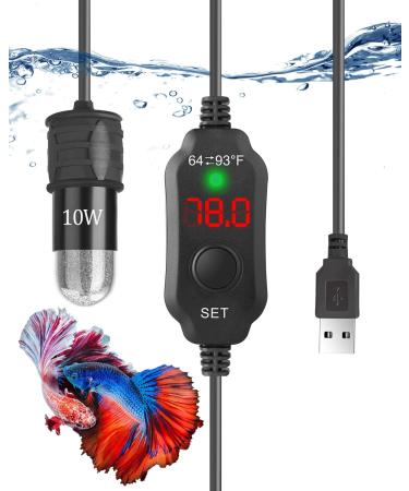 Kulife 5V/2A USB Powered 10W Super Mini Fish Tank Heater Adjustable Submersible Aquarium Heater Betta Heater Turtle Heater with LED Display Thermostat - for up to 1 Gallon Tanks 10W(USB)