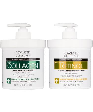 Advanced Clinicals Retinol Body Lotion + Collagen Cream Fragrance Free Face Moisturizer & Body Cream 2pc Skincare Set For Women & Men Helps Reduce Appearance Of Crepey Skin Wrinkles & Dry Skin 2pc Unscented Retinol + Col