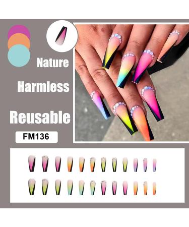 QINGGE Colorful Gradient Rhinestone Press On Nails - 24Pcs Long Coffin Fake Nails for Women - Buy Online on GoSupps.com