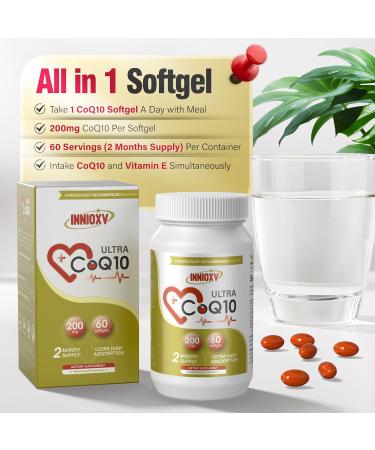 CoQ10 200mg Softgels with Vitamin E - Heart Health & Energy Booster Antioxidant Support - 60 High Absorption Nutritional Supplements - Buy Online on GoSupps.com