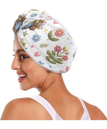 Cartoon Bear Flower Bucket Hair Towel 2 Pack - Super Absorbent Quick Dry Hair Turbans for Women & Girls - Buy Online on GoSupps.com