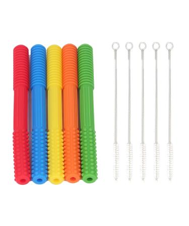 5 pieces of baby tooth tubes toys silicone baby bite ring toys bite ring cause yeast toys for boys and girls red green blue orange yellow with cleaning brush