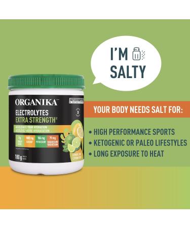 Organika Electrolytes Extra-Strength Powder- Lemon Lime- High in Sodium for Sport Recovery - Saltier Taste Sugar-Free Hydration and Electrolyte Replenishment - 180g - 30 servings Lemon Lime 30 Servings (Pack of 1) - Buy Online on GoSupps.com