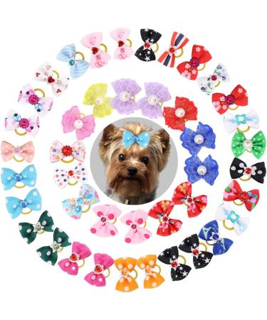Comsmart 60Pcs Dog Bows - 30 Pairs Yorkie Puppy Hair Bows with Rhinestone Pearls & Lace Fabric - Cute Small Dog Grooming Accessories - Buy Online on GoSupps.com