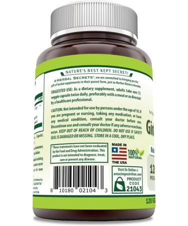 Herbal Secrets Ginkgo Biloba Supplement 120mg 120 Capsules | Standardized to Contain 24% Ginkgo Flavone Glycosides | Non-GMO | Gluten Free | Made in USA - Buy Online on GoSupps.com