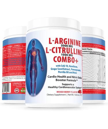 L-arginine 5000 mg and L-citrulline 1000 mg Combo, Nitric Oxide Supplement Complex, Cardio Heart Health Powder, Mixed Berry Flavor, 16.82 Oz..