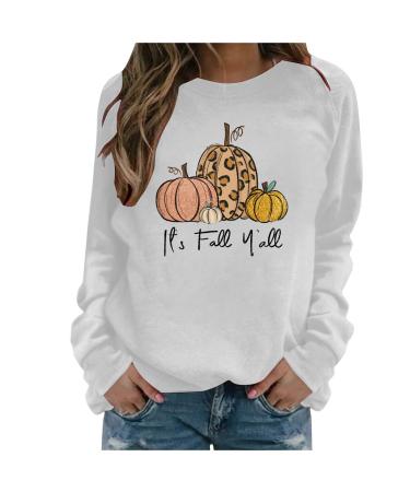 Yihaojia It's Fall Yall Shirt Women Pumpkin Graphic Tee Fall Pumpkin Long Sleeve Tops Halloween Fall Lightweight Shirts White#19 Large