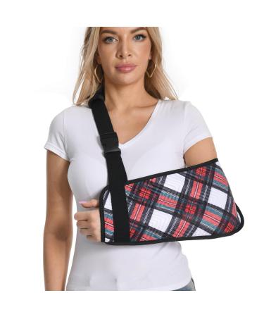 Plaid Arm Sling for Shoulder Injury with Adjustable Buckle Soft Embossed Fabric Shoulder Immobilizer for Men and Women Medical Arm Sling for Rotator Cuff Surgery Red