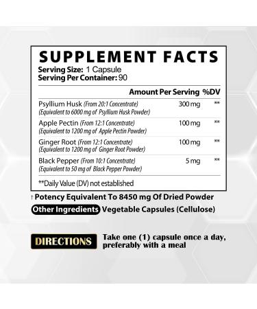 Psyllium Husk Apple Pectin Ginger Blend Supplement - 8450mg - with Black Pepper - 90 Vegan Capsules - Buy Online on GoSupps.com
