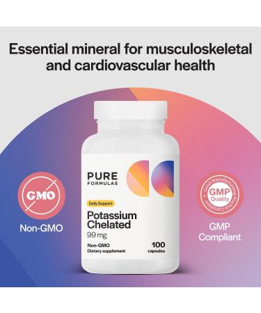 PureFormulas Potassium Supplement Chelated 99 mg Highly Absorbable Pure Potassium Formula for Energy Nerve Muscle Kidney Heart and Skeletal Support Non-GMO - 100 Vegetarian Capsules 100 Count (Pack of 1) - Buy Online on GoSupps.com