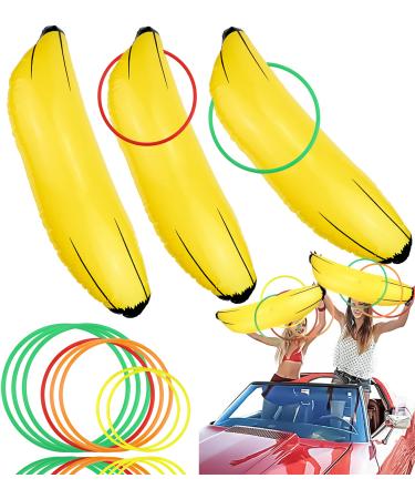 MotBach 12 Pieces Banana Ring Toss Kit, 3 Pieces Banana Balloons and 9 Pieces Plastic Toss Rings for Bachelor Girl Party, Swimming Pool and Bridal(26 Inch Banana Balloons, 3 Size Toss Ring)