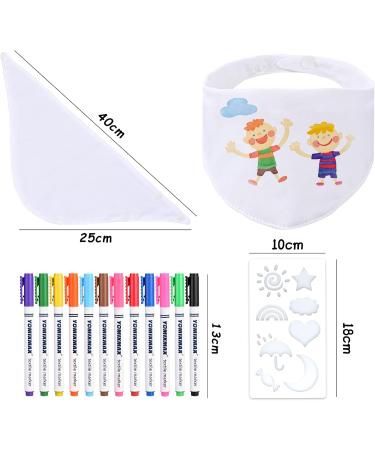 Faburo Baby Bibs to Paint - 10 Triangular White Drool Bibs + 5 Stencils & 12 Colorful Textile Pens | Perfect Baby Shower Gift - Buy Online on GoSupps.com