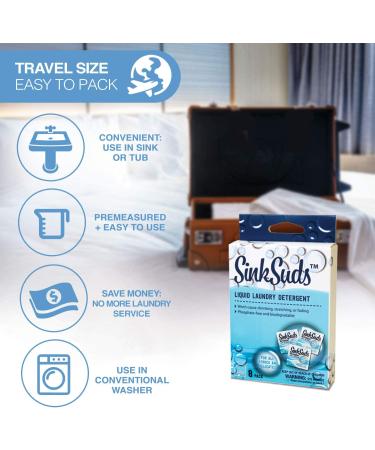 SinkSuds Travel Laundry Detergent Liquid Soap + Odor Eliminator - TSA Compliant (8 Sink-Packets, 0.25 fl oz each) - Buy Online on GoSupps.com