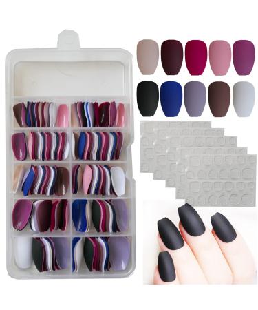 240pc Short Coffin Press on Nails Matte Ballerina False Nails Mixed Colored Acrylic Fake Nail Tips Full Cover 10 Sizes with Case for Kids/Women/Girls. Trendy Color