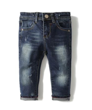 KIDSCOOL SPACE Baby Girl Boy Slim Jeans Little Kid Elastic Band Inside Ripped Denim Pants 5-6 Years Slim Dark Blue-2098