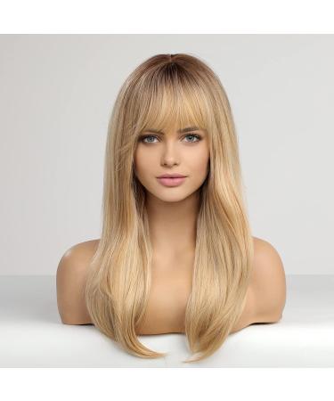 HAIRCUBE Long Blonde Straight Wigs for Women with Fringe and Dark Roots - Synthetic Layered Hair Wig - Buy Online on GoSupps.com