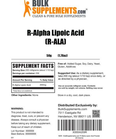 Buy BulkSupplements R-Alpha Lipoic Acid Powder 200mg - Gluten Free Antioxidants Supplement 50g (250 Servings) - Shop Internationally - Buy Online on GoSupps.com