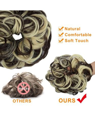 Messy Bun Hair Piece Scrunchies - Dark Brown Mix Bleach Blonde (2 PCS) | Curly Wavy Updo Hair Extension Chignon Ponytail Accessories for Women and Girls - Buy Online on GoSupps.com