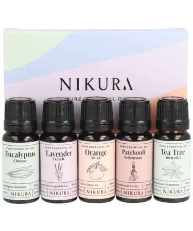 Nikura Favourites Essential Oil Set - 5 x 10ml | Essential Oils for Diffusers for Home Sleep Skin Aromatherapy Candle Making Soap Making | Eucalyptus Lavender Sweet Orange Tea Tree | Natural