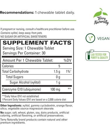 Terry Naturally CoQ10 Chewables 100 mg - 30 Tablets | 8X Absorption | Antioxidant for Cellular Energy Heart & Brain Health - Buy Internationally - Buy Online on GoSupps.com