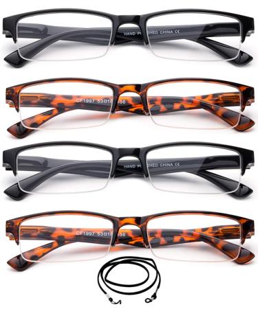 4 Packs Semi Half Frame Reading Glasses for Men Stylish Semi Rimless Reading Glasses Mens 2.00 2.00 X 2 Packs Black & 2 Packs Tortoise With 1 Lanyard