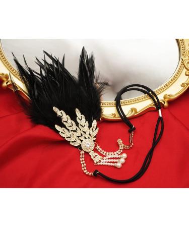 Rumnoke 1920s Flapper Headband Great Gatsby Headpiece Roaring 20's Feather Crystal Hair Accessories for Women Gold Leaf Black - Buy Online on GoSupps.com