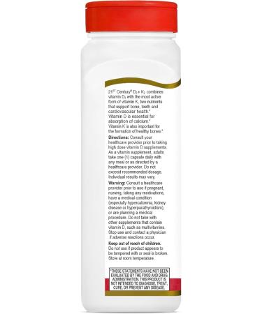 21st Century Vitamin D3 125 mcg + K2 100 mcg, (120 Count), Bone, Teeth & Heart Support, Non-GMO, 2 in 1 Vitamin D3 5000 IU + K2 Formula, Milk, Lactose, Soy, Wheat, & Gluten Free, 120 Serv - Buy Online on GoSupps.com