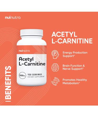 NUI NUTRA Acetyl L-Carnitine Supplement 500mg - 150 Capsules for Energy & Metabolism Support - Buy Online on GoSupps.com