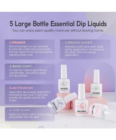 SOCORIA 5pcs Dip Powder Liquid Set | Bond, Primer, Base & Top Coat, Activator, Brush Saver | High-Shine & Long-Lasting Formula for Dip Powder Nail Kit - 9pcs - Buy Online on GoSupps.com