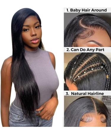 RXY 26 Inch Lace Front Human Hair Wig 180 Density Pre Plucked Straight Closure for Black Women - Natural Black Color - Buy Online on GoSupps.com