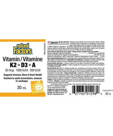 Natural Factors Vitamin K2 + D3 + A liquid drops 30ml Easy-to-Take Liquid 120 Doses per Bottle 50mcg/1000iu/500iu Supports Immune Health Bone & Teeth Health Vegetarian - Buy Online on GoSupps.com