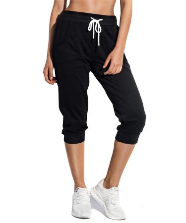 SPECIALMAGIC Women's Sweatpants Capri Pants Cropped Jogger Running Pants Lounge Loose Fit Drawstring Waist with Side Pockets Black X-Large
