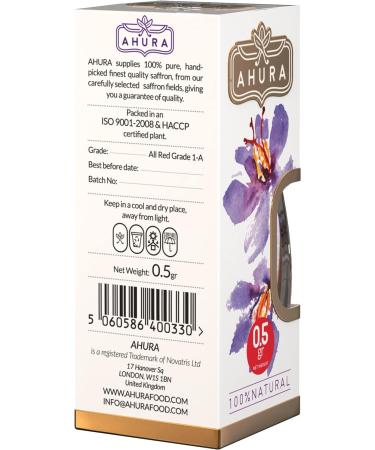 Ahura Finest Natural Saffron Threads - Pure Grade 1 All Red Saffron Spice - 0.5g Jar for Tea, Paella, Risotto, Pasta, Rice Cooking - No Additives | Pack of 1 - Buy Online on GoSupps.com