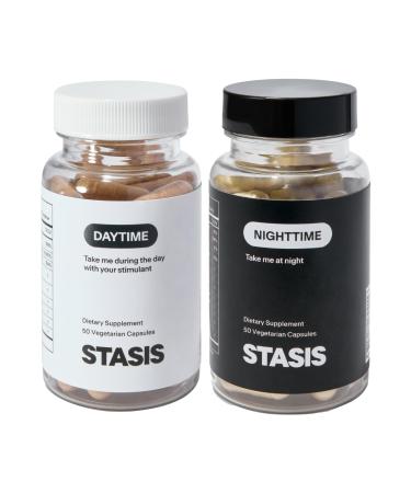 Stasis Day & Night Set - Energy and Focus Supplement - Calm and Sleep Capsules to Pair with Stimulant - Promote Natural Energy Without Jitters - Magnesium for Sleep - 25 Servings