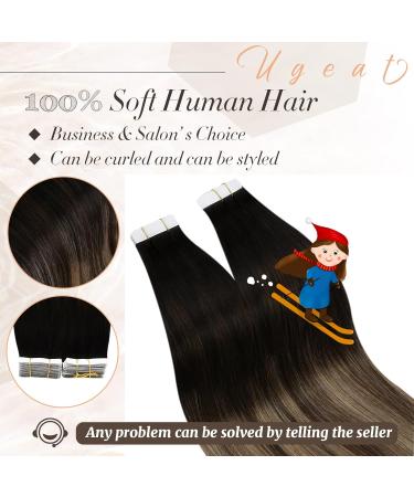 Ugeat 35cm Real Hair Tape Extensions - 20 Pieces Invisible Adhesive - Black to Dark Brown & Caramel Blonde #1B/4/27 - Buy Online on GoSupps.com