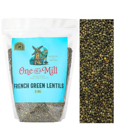 One in a Mill French Green Le Puy Dry Lentils 3lb Bulk Resealable Bag | All-Natural Plant-Based Protein for Soups, Salads, & Stews | Non-Irradiated & Sproutable | Vegan, Certified Kosher French Green Lentils